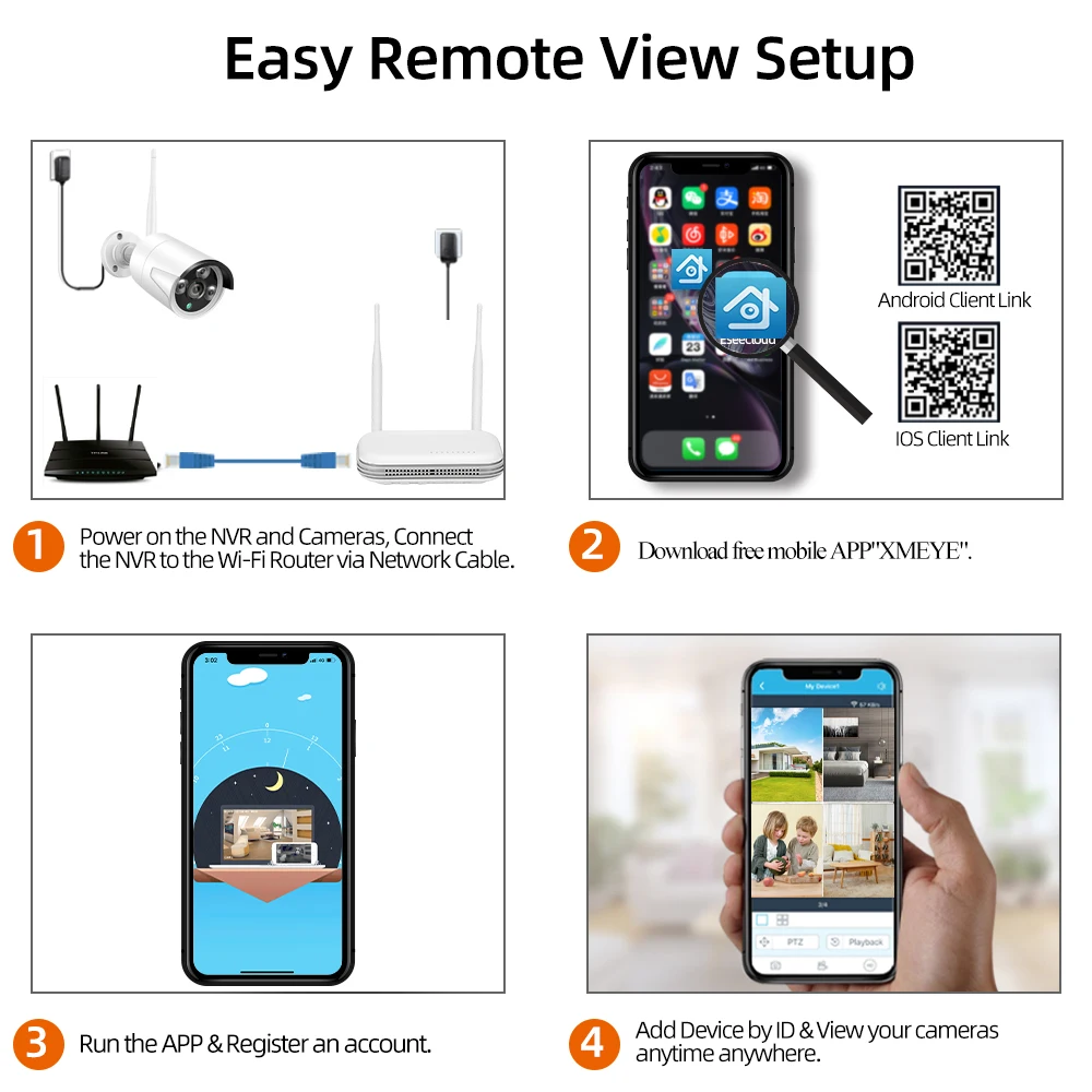 Kamera IP keamanan nirkabel, Video pengintai 4CH 5MP sistem NVR XMEYE detail wajah jaringan CCTV nirkabel 4CH 5MP untuk kamera IP
