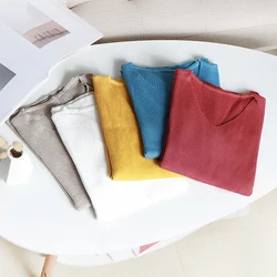 Women Autumn Knitted V-neck Sweaters Casual Long Sleeve Pullover Soft Winter Sweater Female Chic Ribbed Streetwear Solid Tops