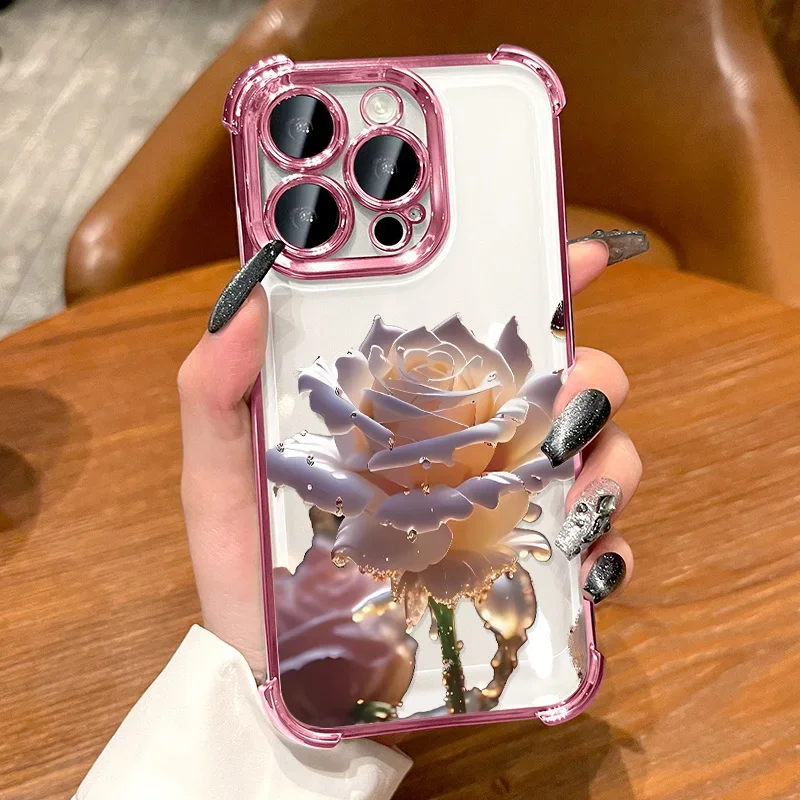 クリスタルジェイドローズデザインのフロスト加工スマホケース、Apple iPhone17 16 15 14 13 12 11 Pro Max Plus対応