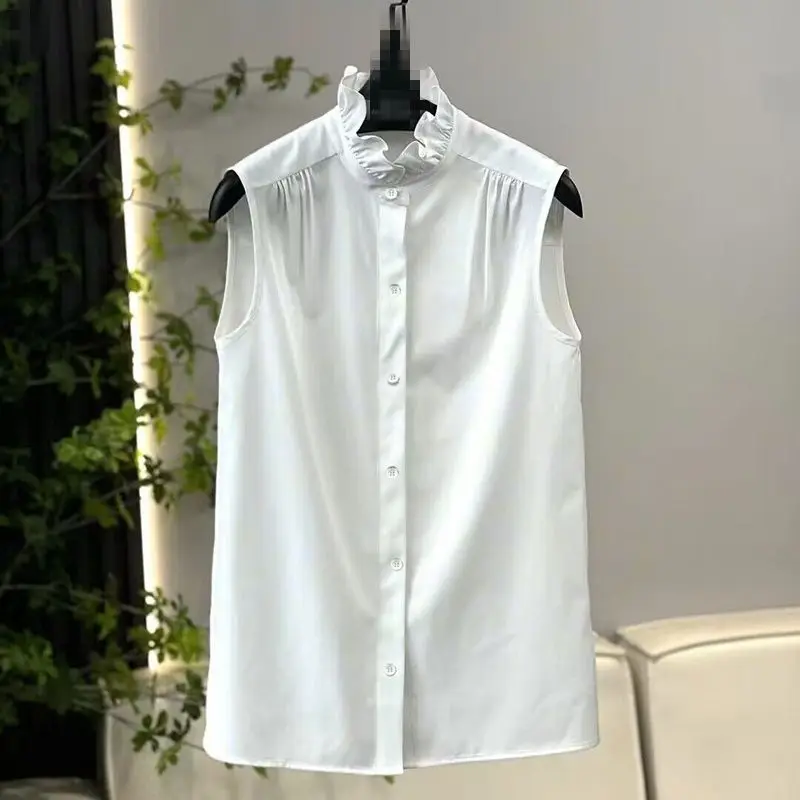 Women\'s Korean Fashion Ruffle Sleeveless Button Shirt Office Lady Elegant Business Casual Blouse Summer White Loose Chiffon Tops