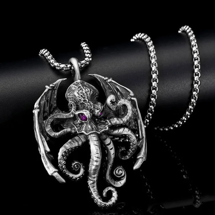 American Style Silver Color Octopus Pendant Necklace with Eight Claws and Red Eyes, Men's Rock Hip-hop Band Jewelry Necklace