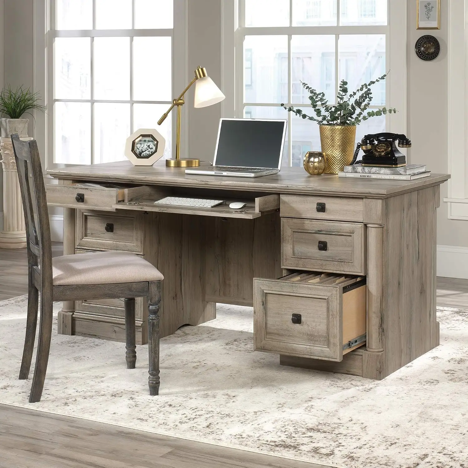 Office Desk with Drawers & File Cabinet Storage, Cable Management & Keyboard Tray, Split Oak Finish, Customized