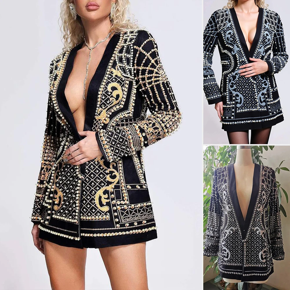 بليزرات نسائية لخريف وشتاء 2025 تصميم رائع معقد بالخرز وأكمام طويلة ورقبة على شكل حرف v عميقة من الساتان سترة طويلة الخطوط الطويلة #1