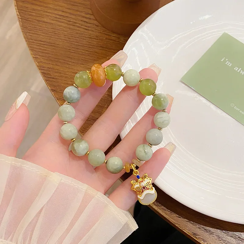 

Qingti Milk Cover Literature and Retro Ethnic Style Green Jade Lion Beads Light Luxury Niche Design Sense Best Friend Bracelet