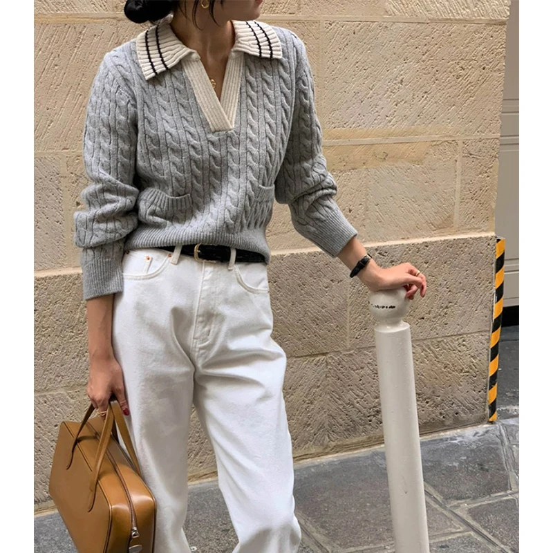 

Streetwear Striped Sweater Women Fashion Patchwork Knitted Pullovers Korean V Neck Knitwears Fall Winter Long Sleeve Jumpers New