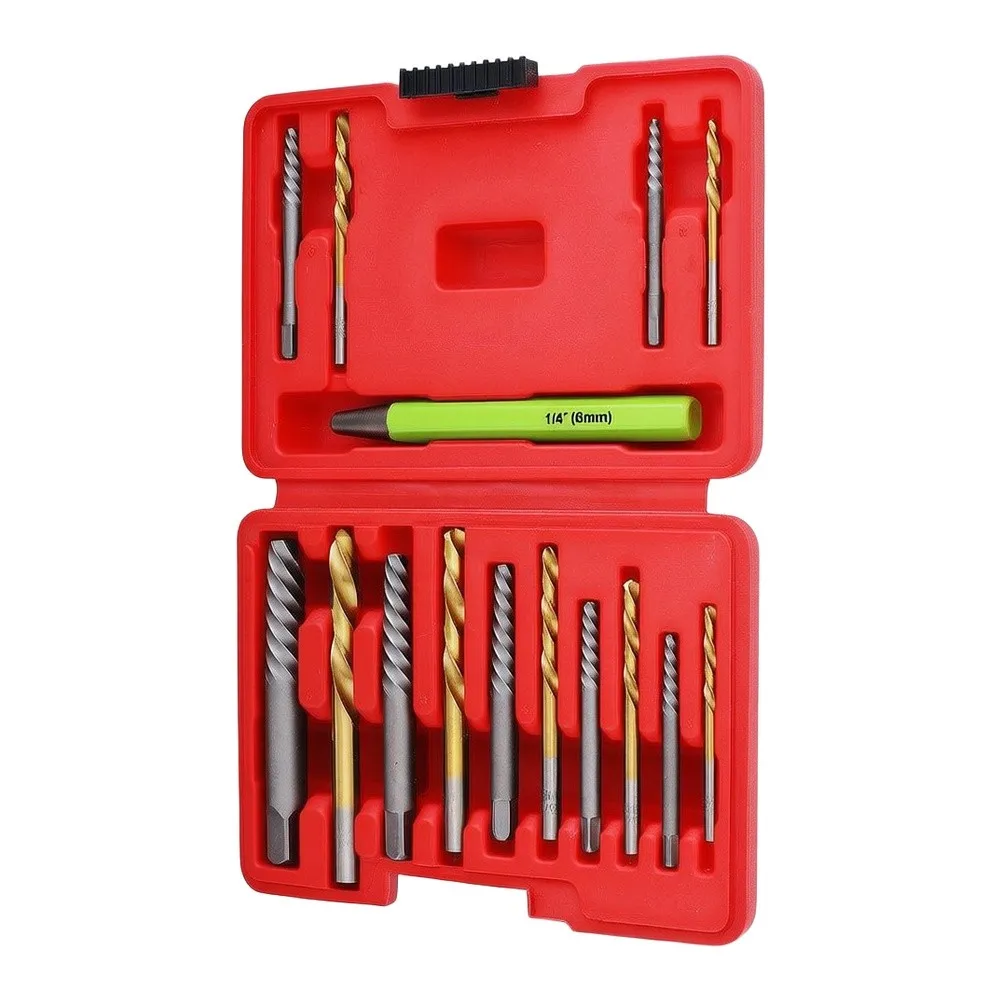 15-Piece Screw Extraction Set Includes 7 Coarse Thread Extractors 7 Twist Drill Bits 1 Center Punch for Chrome Vanadium Build