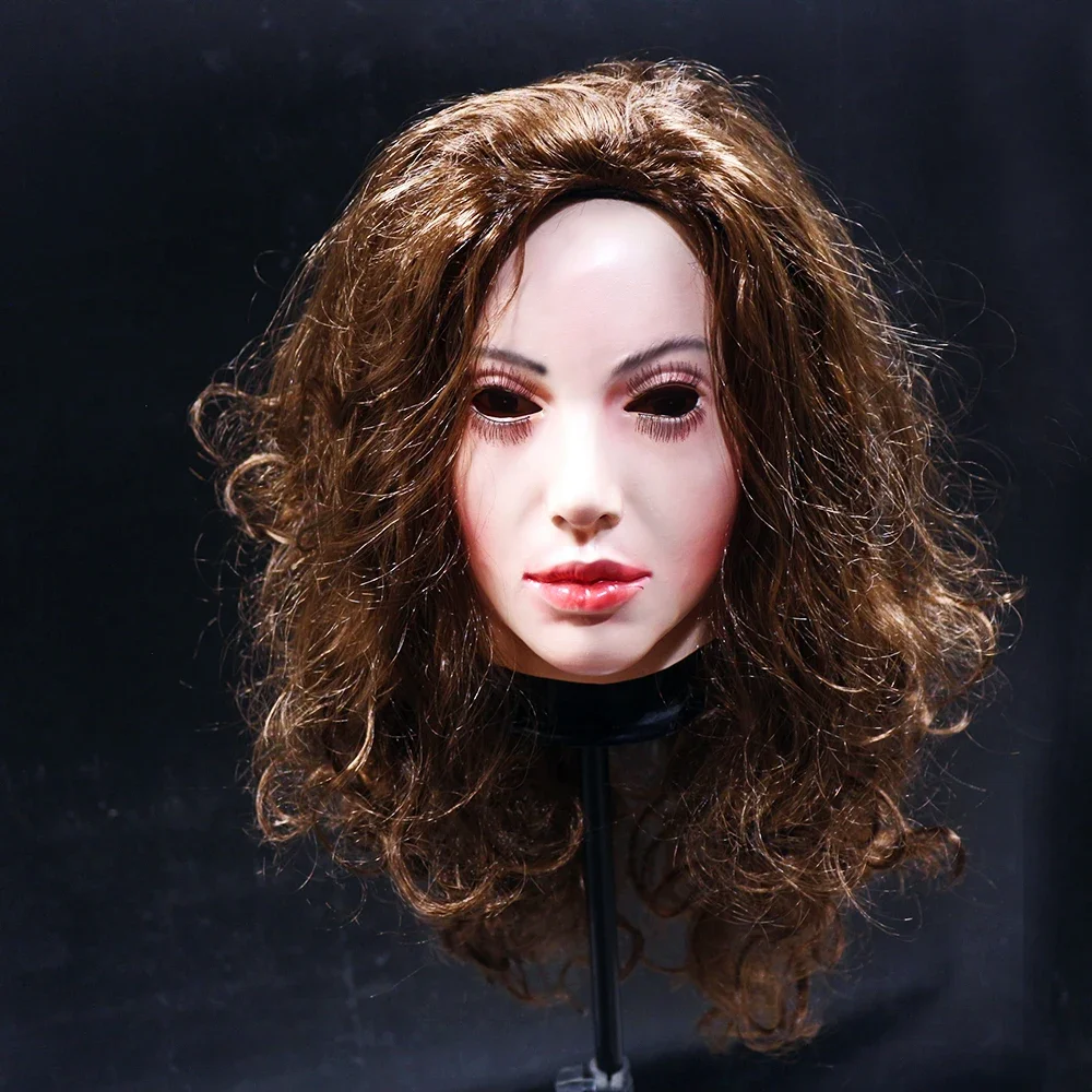Realistic Latex mask Female Woman Face Halloween Latex Mask with Wig Lady Crossdressing Sissy Transgender Costume 6