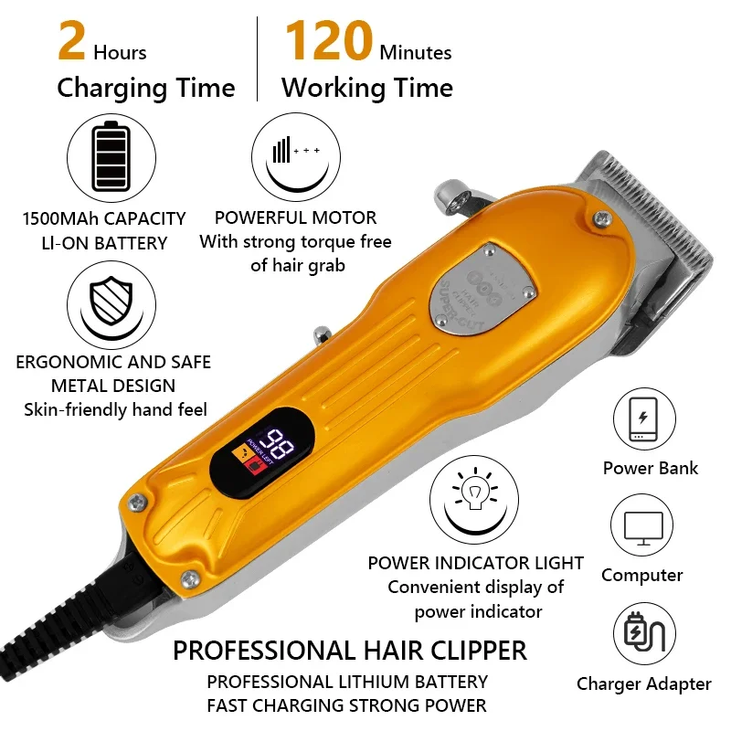 USB Rechargeable Baldheaded Hair Clipper Electric Cordless Shaver Trimmer 0mm Men Hair Cutting Machine LED