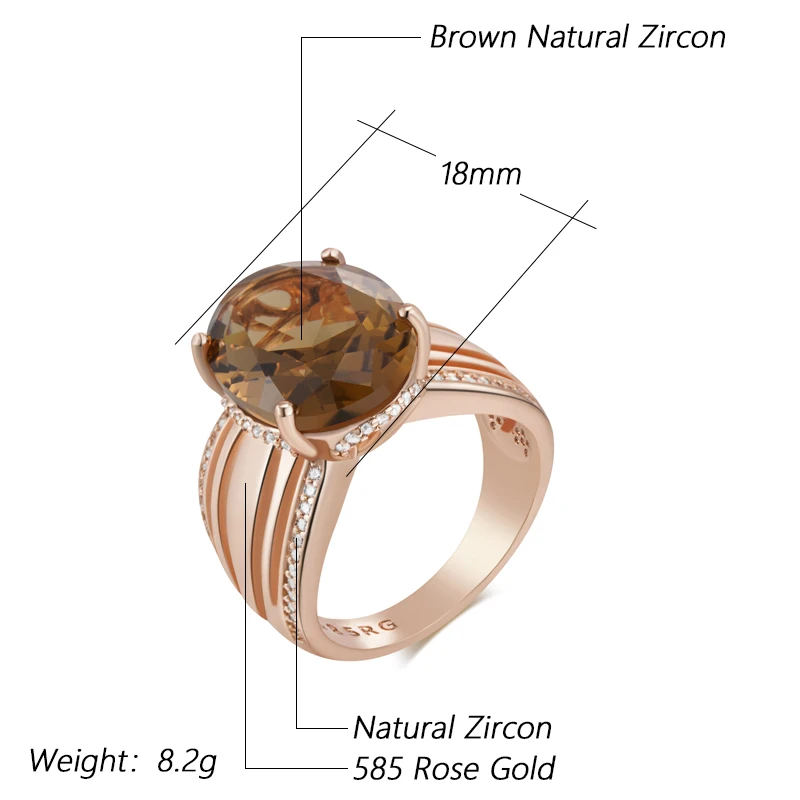 Kinel Hot Big Oval Brown Natural Zircon Ring for Women Unique 585 Rose Gold Color High Quality Daily Bride Jewelry Best Gift