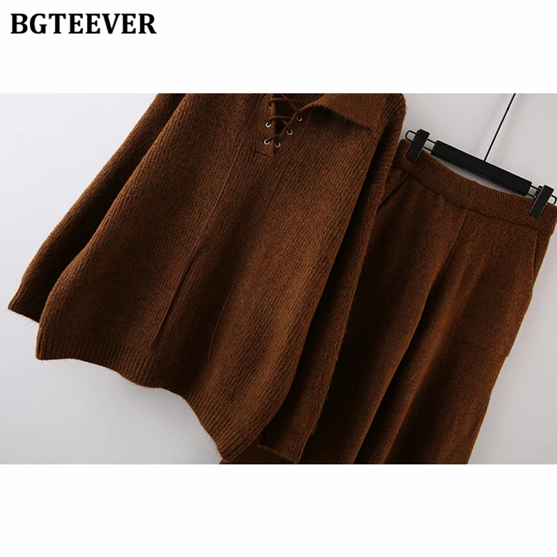 BGTEEVER Autumn Winter Women Knitted Outfits Lapel Lace-up Sweaters Jumpers & Wide Leg Trousers Female Sweater Set