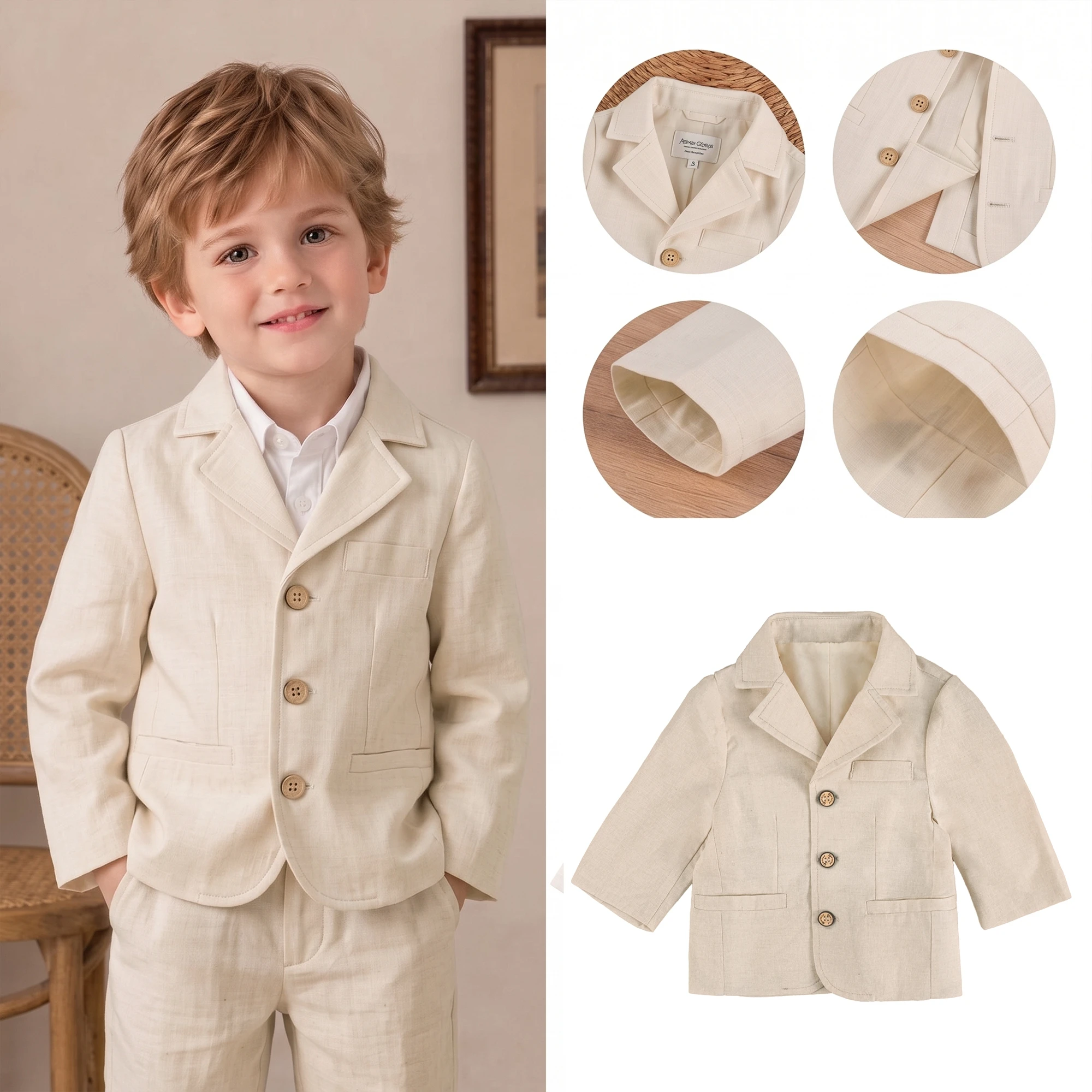 Toddler Boys Cotton Linen Blazer Solid Pocket Jacket Formal Birthday Suit Coat for 1-5Y Kids Gentleman Wedding Clothes