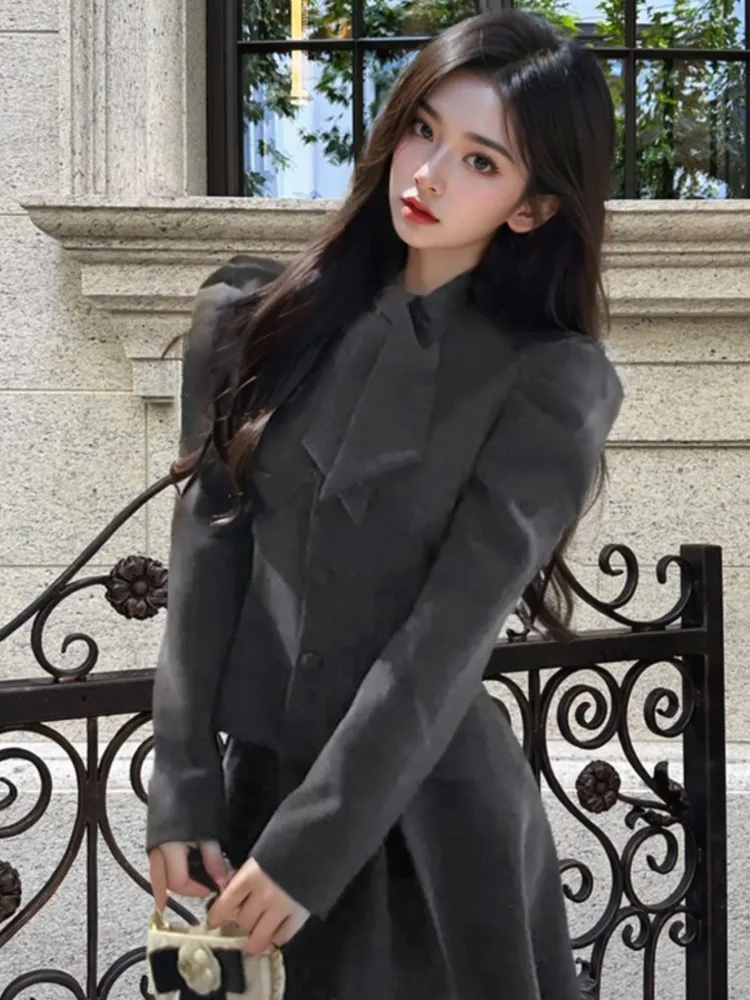 

Autumn New Fashion Elegant Bow Suit Set French Lace Up Slimming Single Breasted Top A line Pleated Skirt Korean 2 Pieces Sets