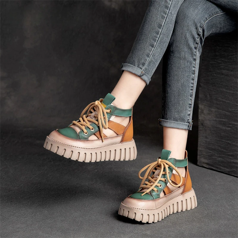 2024 New Summer Platform Medium Heel Sandals Boots Casual Fashion Genuine PU Leather Trend Women Sandal Roman Shoes 40