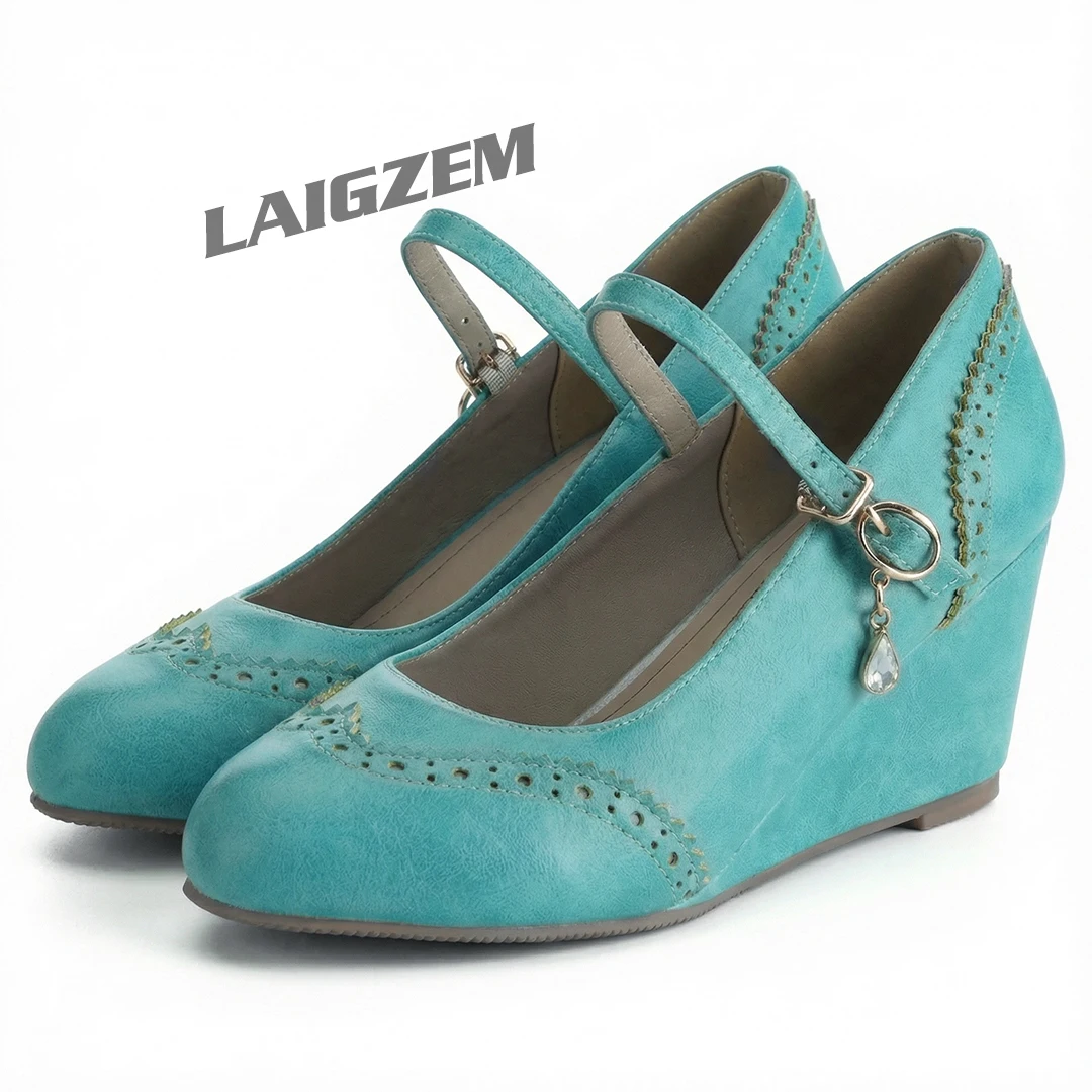

LAIGZEM Women Pumps Cut Outs Wedges 7CM Round Toe Faux Leather Handmade Dress Party Prom Shoes Woman Big Size 35 39 43 48
