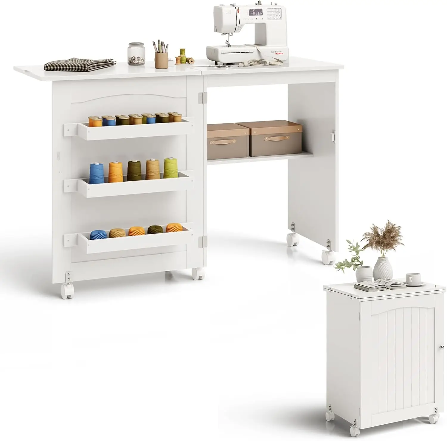 

Folding Sewing Table, Multipurpose Craft Station Desk, Display Cabinet with Shelves Storage, Lockable Wheels, Rolling Sewing