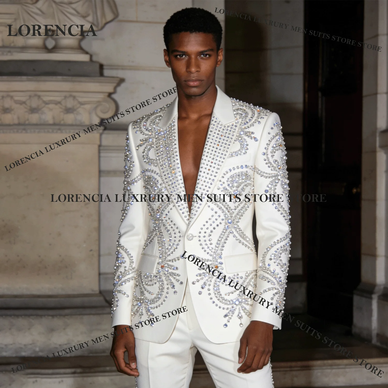 

Customized Sparkly Gem Diamond Men Suit Wedding Tuxedos 2 Pieces Sets Single Breasted Groom Male Blazers Slim Fit Ropa hombre