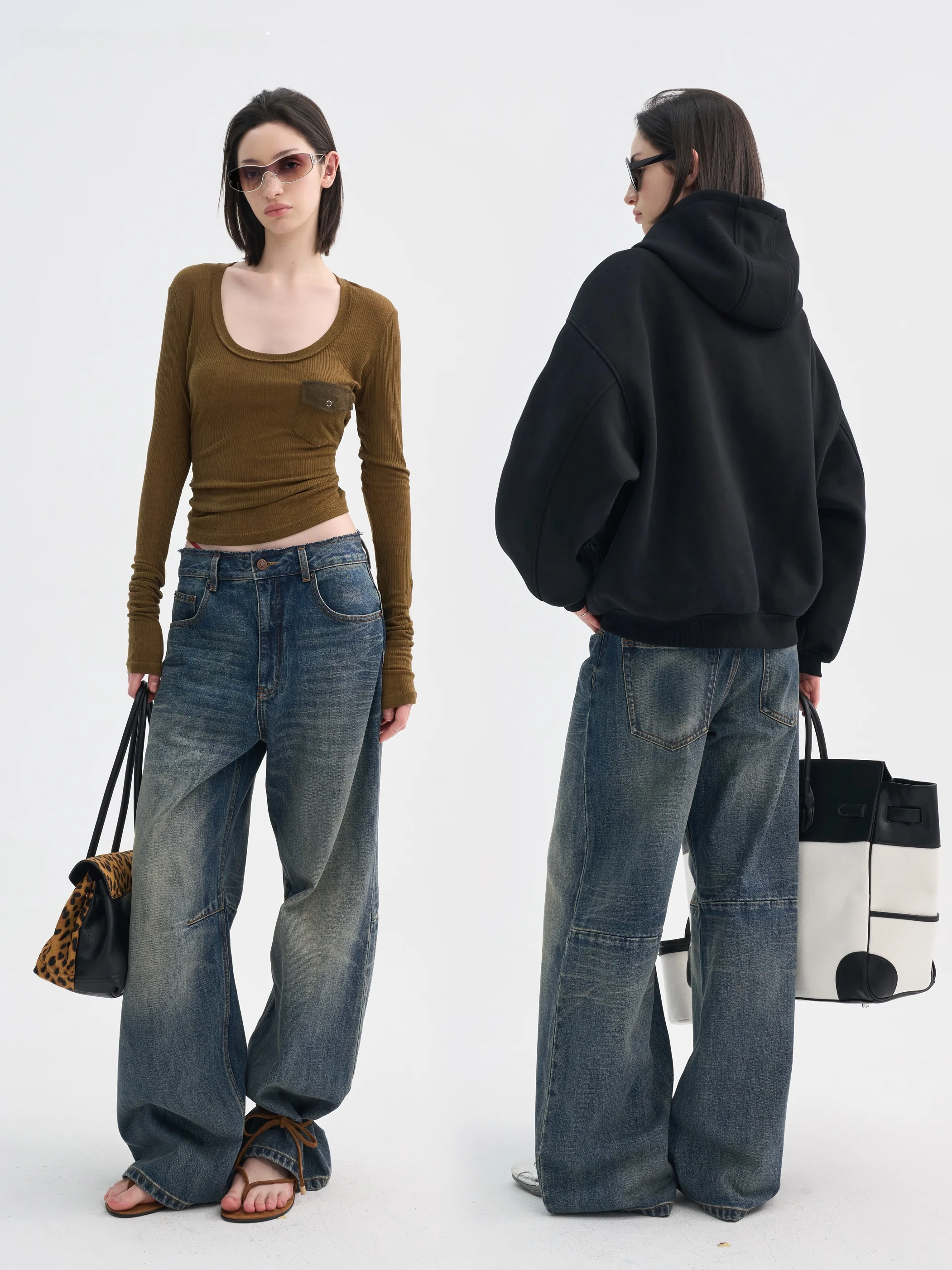 

NUTPLAM Resin Side Bone Double Crtsmanip Wrinkle Pred Jeans Casual Sle l Waist Cotton Jeans Blue Vintage