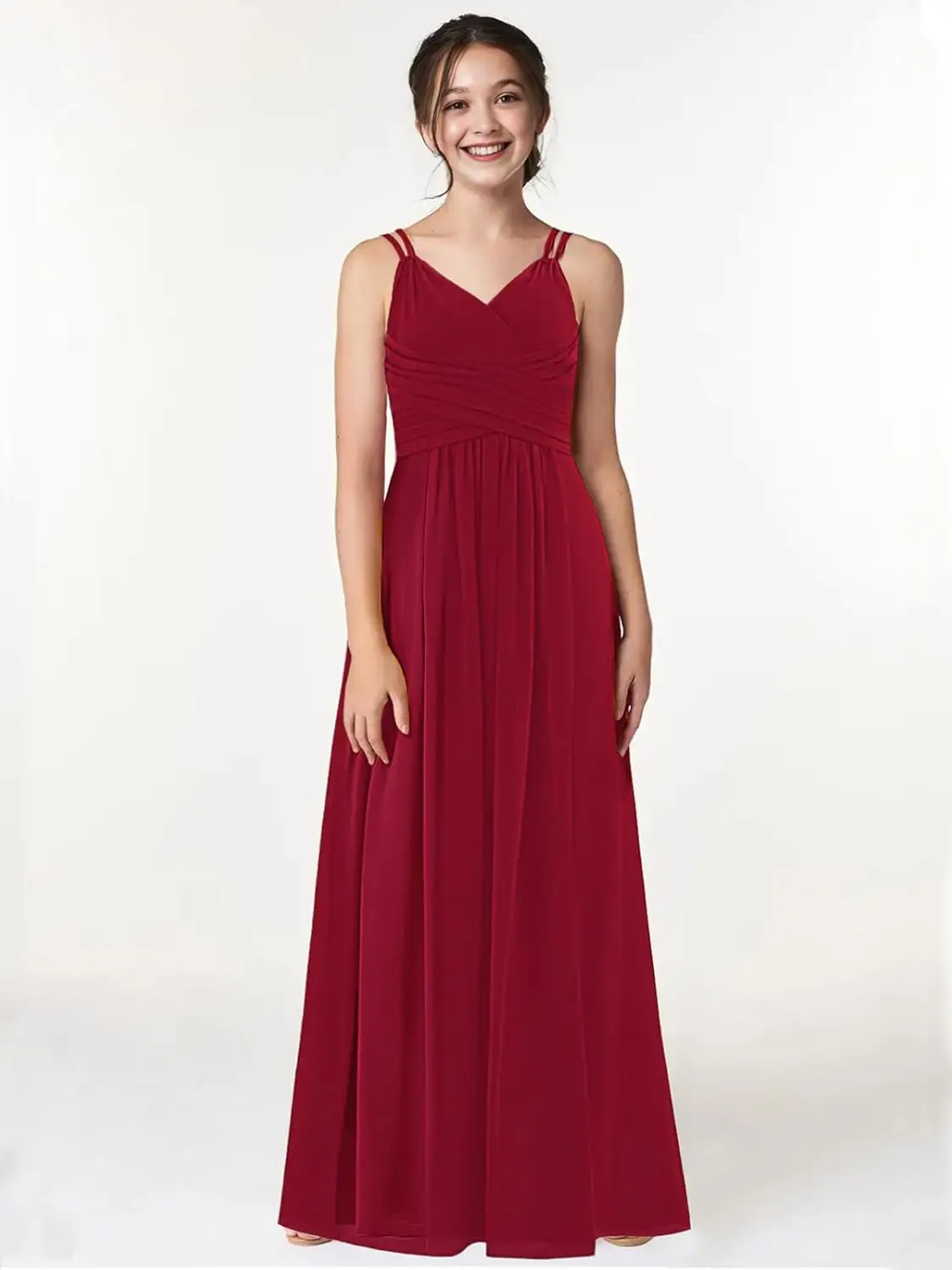 Uma linha com decote em V vestidos de dama de honra júnior vestido de menina de flor de chiffon plissado com alças cruzadas