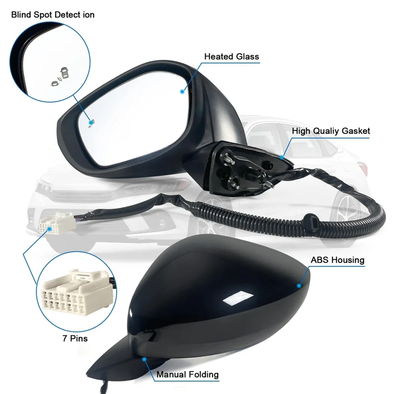 

Автомобильное боковое зеркало для Honda Civic Sedan/Hatchback с электроприводом, подогревом, обнаружением слепых зон 2022 2023 (левый 7-контактный), детали-ABQF