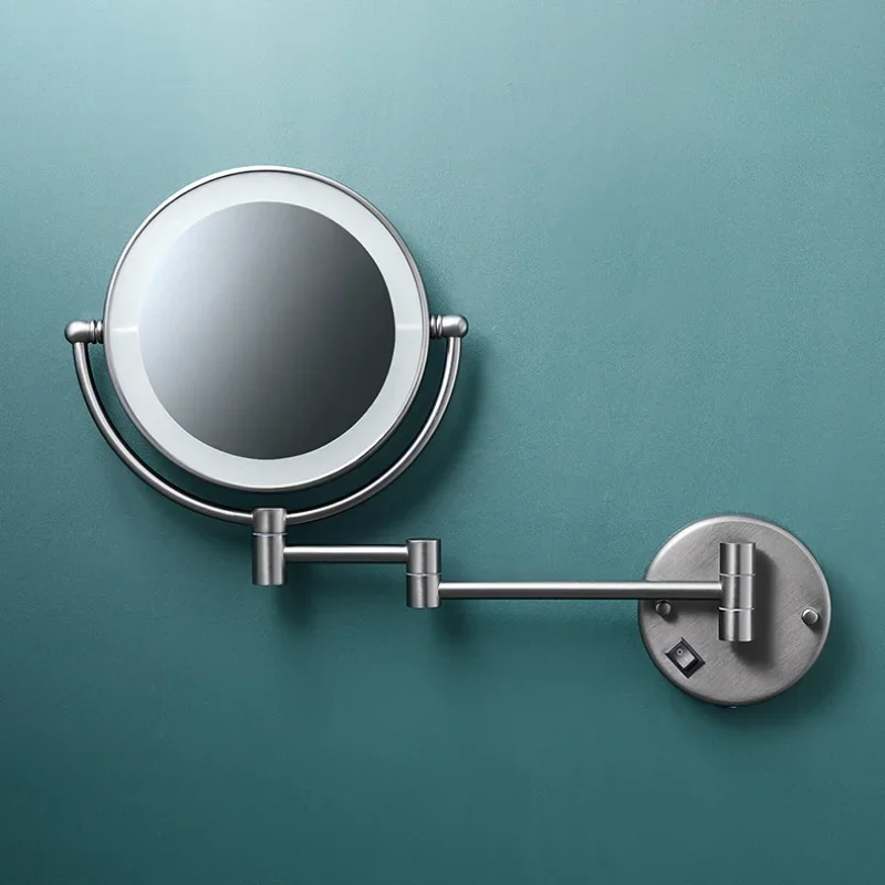 Rotating Gun Gray Bathroom Mirror with LED Light and Telescopic Enlargement Wall Hanging Round Beauty Mirror