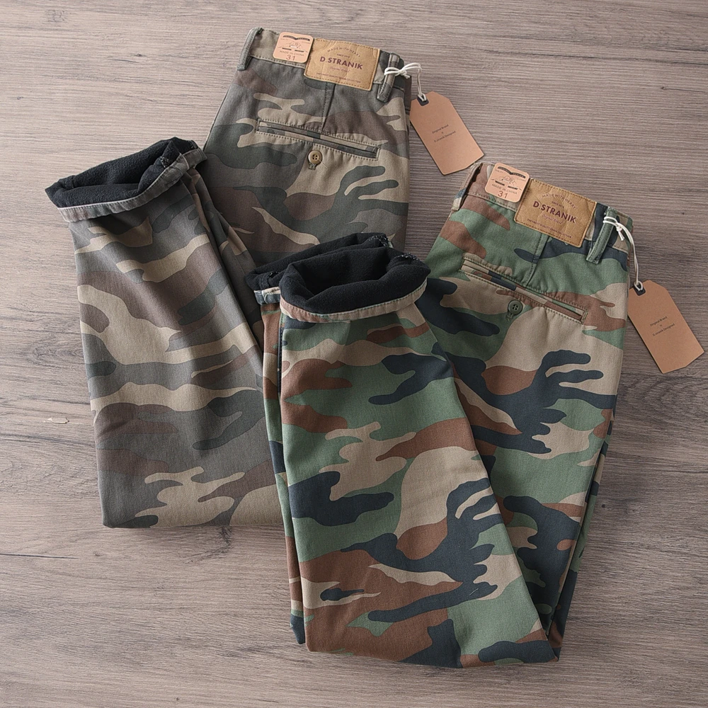 Autumn and Winter New American Rerto Thick Velvet Camouflage Cargo Pants Men's 100% Cotton Washed Loose Straight Casual Trousers