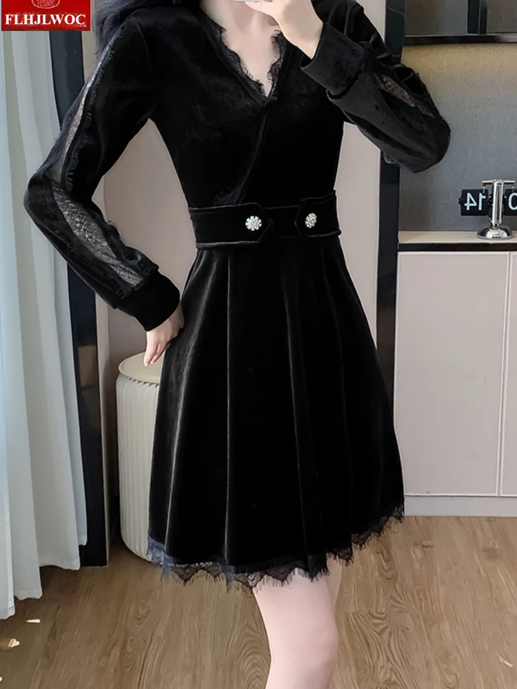 Robes chemise rétro en velours noir, nouvel an, fête de noël, filles mignonnes, femme, manches longues, boutons perlés scintillants, Mini robe en dentelle noire