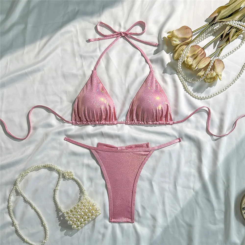 مثير الوردي لامعة الرسن سلسلة مثلث البيكينيات مجموعات 2026 ملابس السباحة القوس الخلفي مايكرو ثونغ ملابس السباحة النساء ثوب السباحة بيكيني Mujer #5
