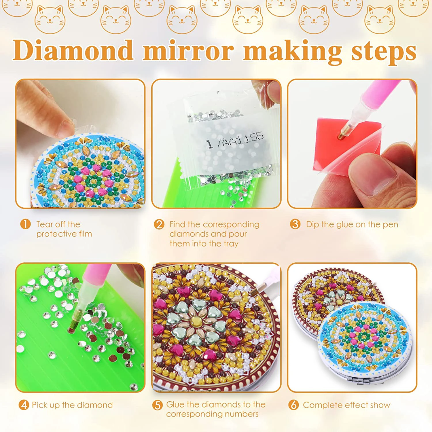 1pc/Set DIY Mandala Diamond Painting Mirror Kits for Adults 4 Styles Mirrors Crystal Rhinestones Diamond Art Compact Mirror Kit view 6