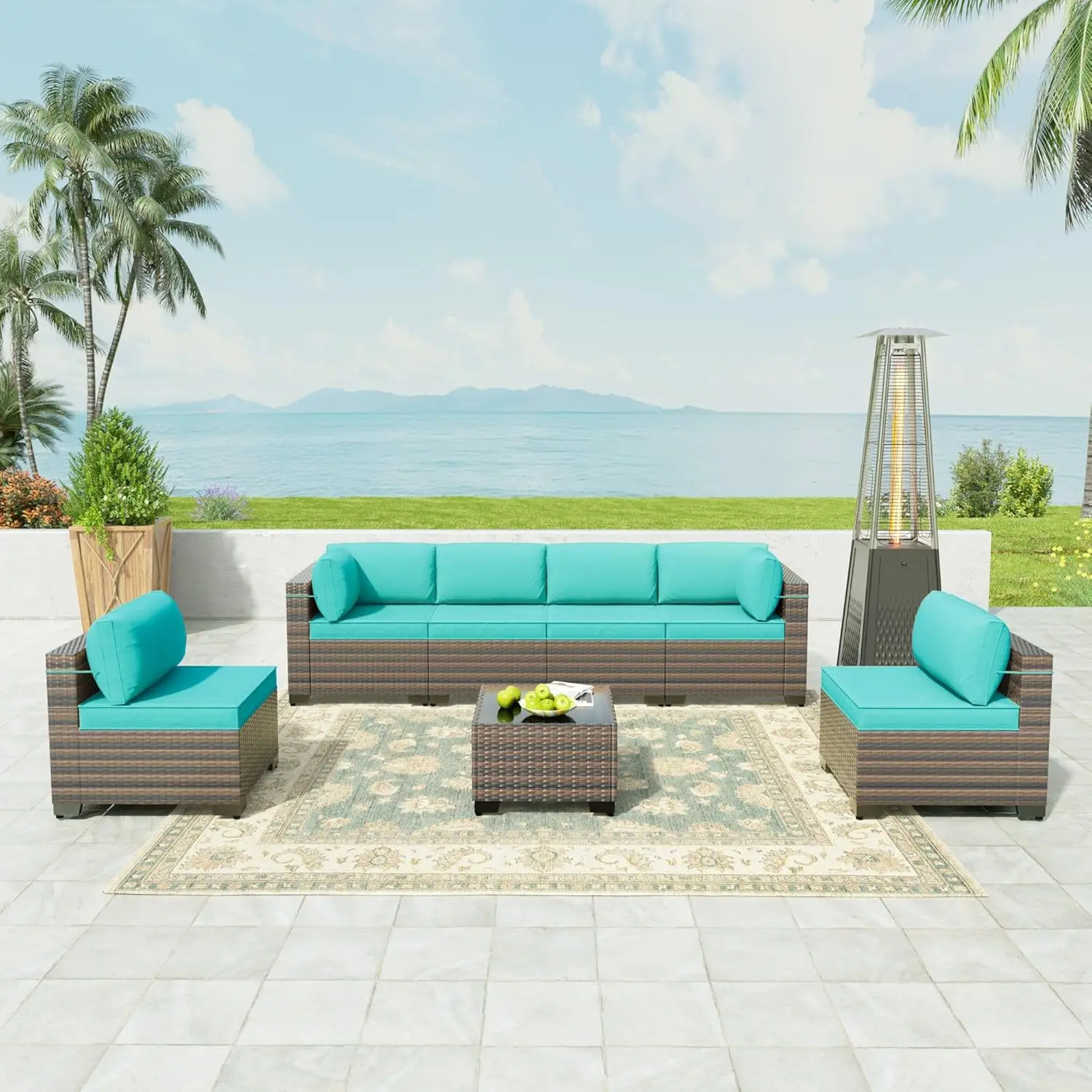 

Outdoor Patio Furniture Set with with Outdoor Pyramid Patio Heater,PE Wicker Rattan Sectional Sofa Patio Conversation Sets