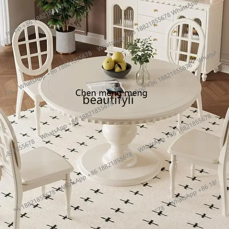 

ss7486 White restaurant dining table pure solid wood cream style French retro home furniture New Light Luxury