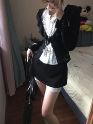 Sweet Spicy Hollow out Knitted Shirt Women's Half Skirt Cardigan Outerwear Black Fashion Set for Young Women Autumn 2024