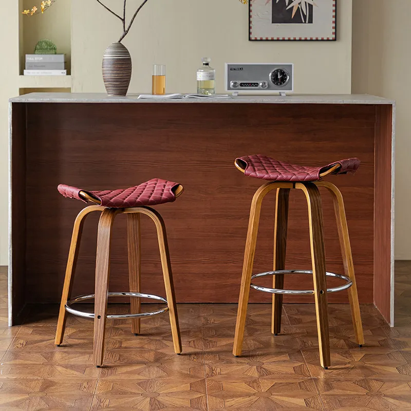

Leather Bar Chair, Light Luxury Retro Solid Wood Bar Chair, Rotatable High Chairs, Modern Home Island Chairs, Cowhide Chairs