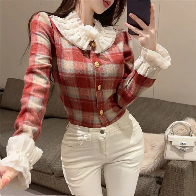 Retro Plaid Shirt with Doll Collar Sweet Long Sleeved French Style Niche Short Versatile Jacket Women\'s Top