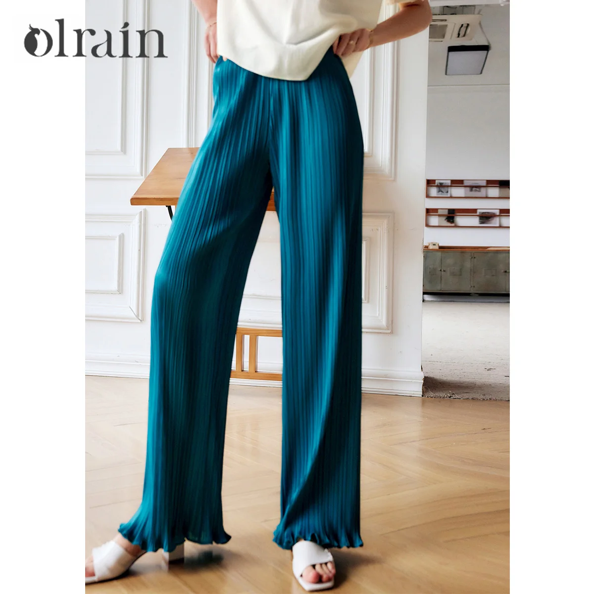 

OLrain Wide Leg Casual Pants Women Summer 2025 High Waist Fashion Straight Loose Pleated Long Pants Female Trousers O22XK01059