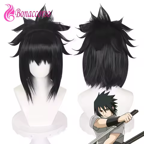HOKAGE NINJA Sasuke Cosplay Wig Synthetic Fluffy Short Curly Wig Natural Black Anime Coser Heat Resistant Fiber Wig Daily Party