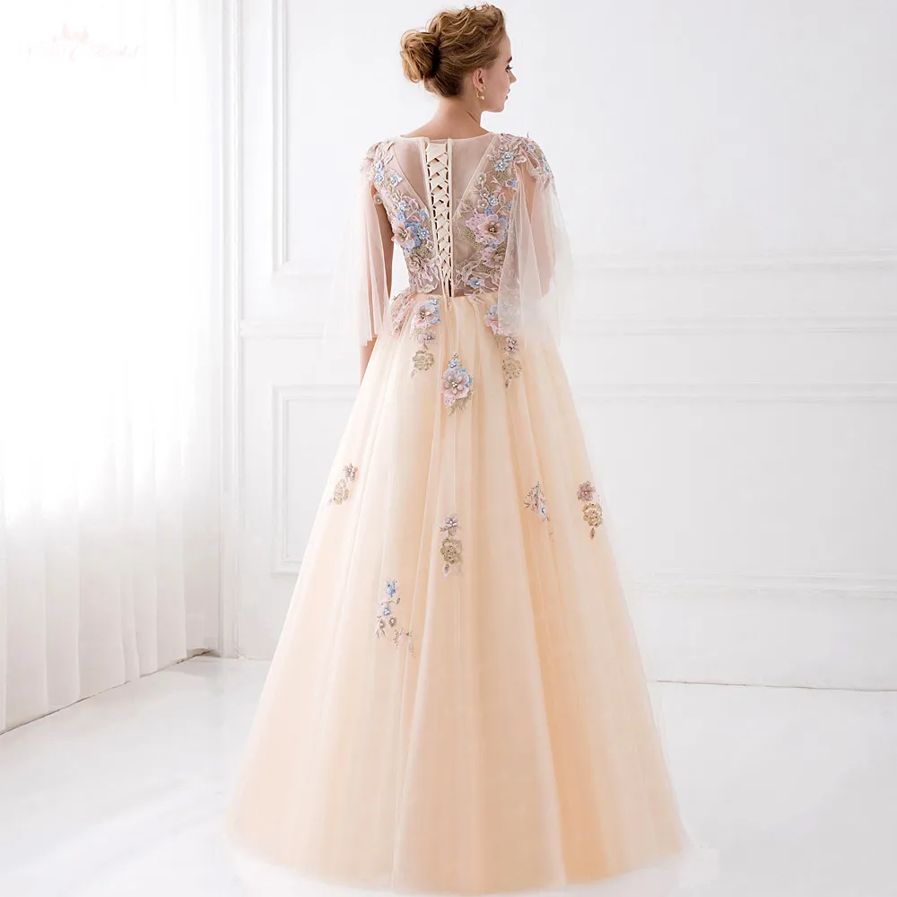 Robe de soirée à manches 3/4 à col rond avec appliques de fleurs 3D colorées, robe de RhA-ligne classique, robe de cocktail élégante pour une occasion formelle