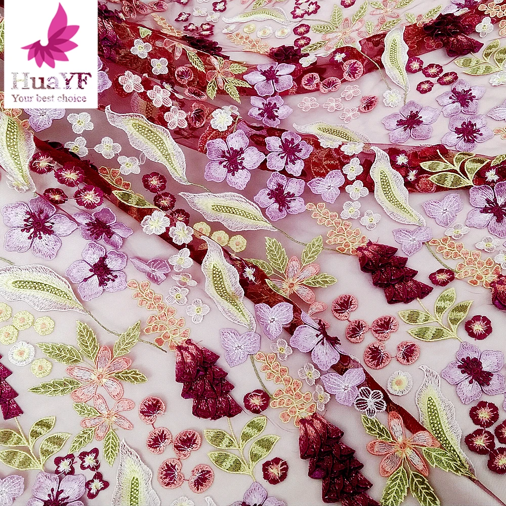 

3D-ткань с цветочным узором, красное кружево, высококачественная французская вышивка, африканская ткань из тюля, 5 ярдов для пошива свадебных и праздничных платьев HY3156