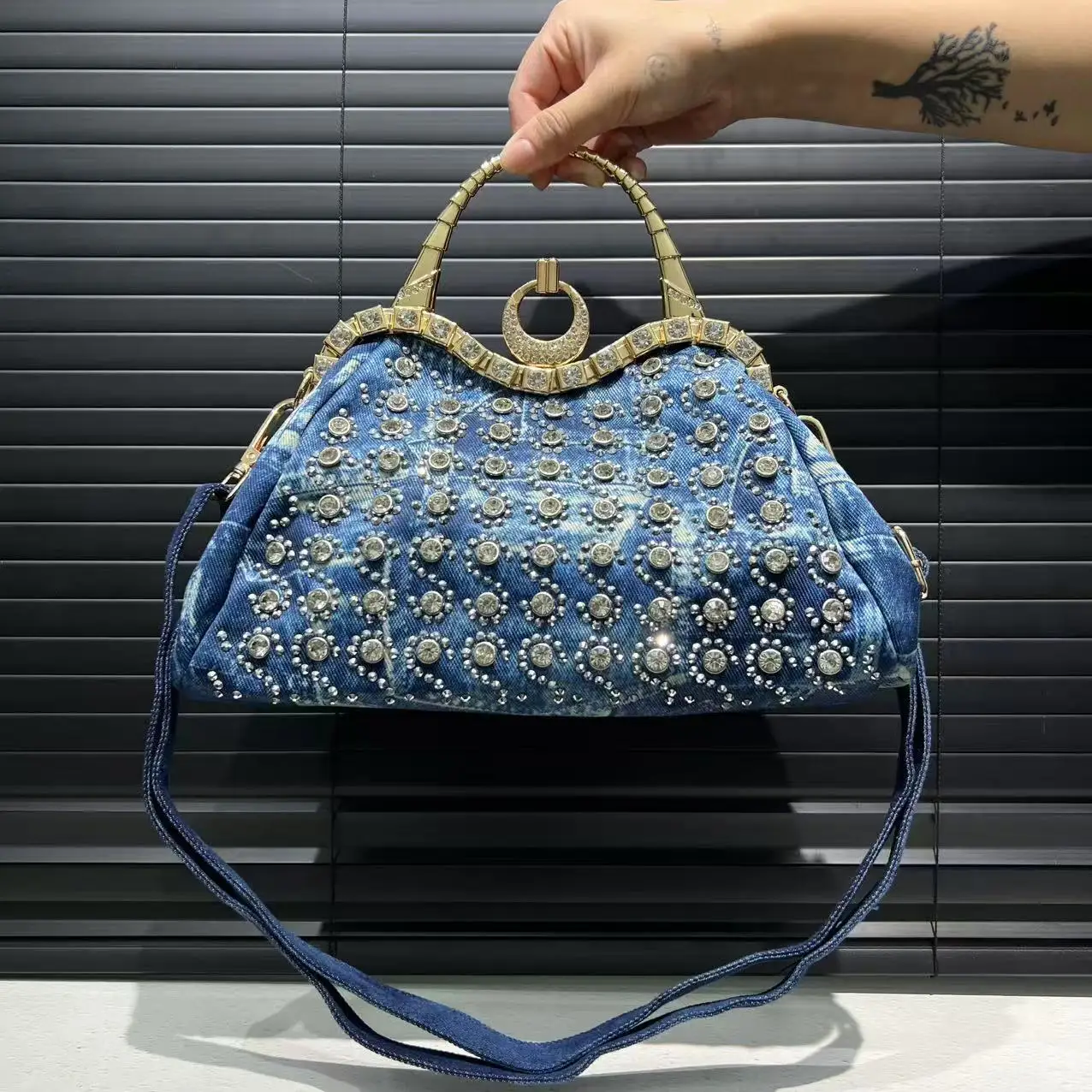 

Elegant Denim Diamond Embedded Handbag Women's Fashion Crossbody Clutch Bag Luxury Evening Bag Polyester Lining Zipper Pocket