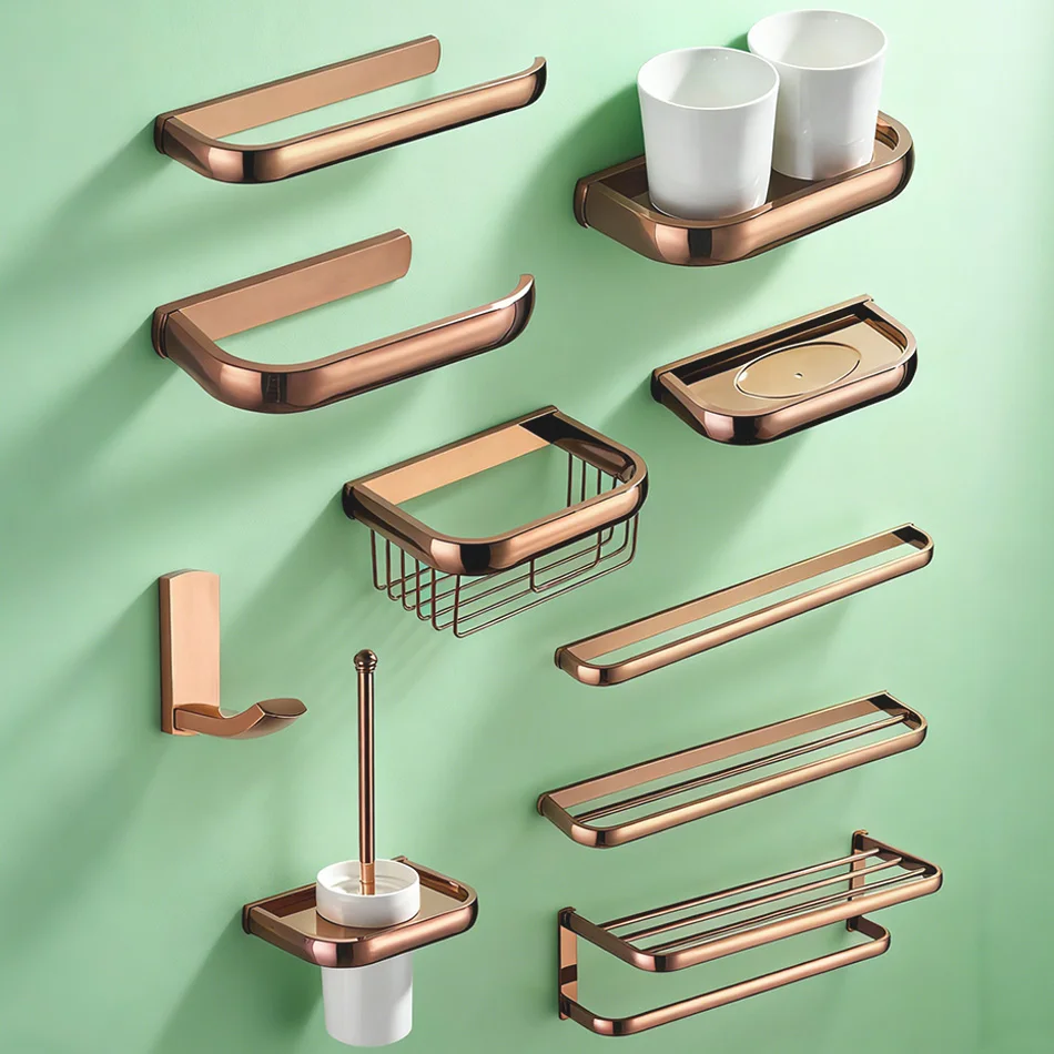 

Rose Gold Bathroom Hardware Bath Towel Bar Shelf Toilet Brush Holder Paper Rack Coat Hook Soap Dish Basket Bathroom Accessories