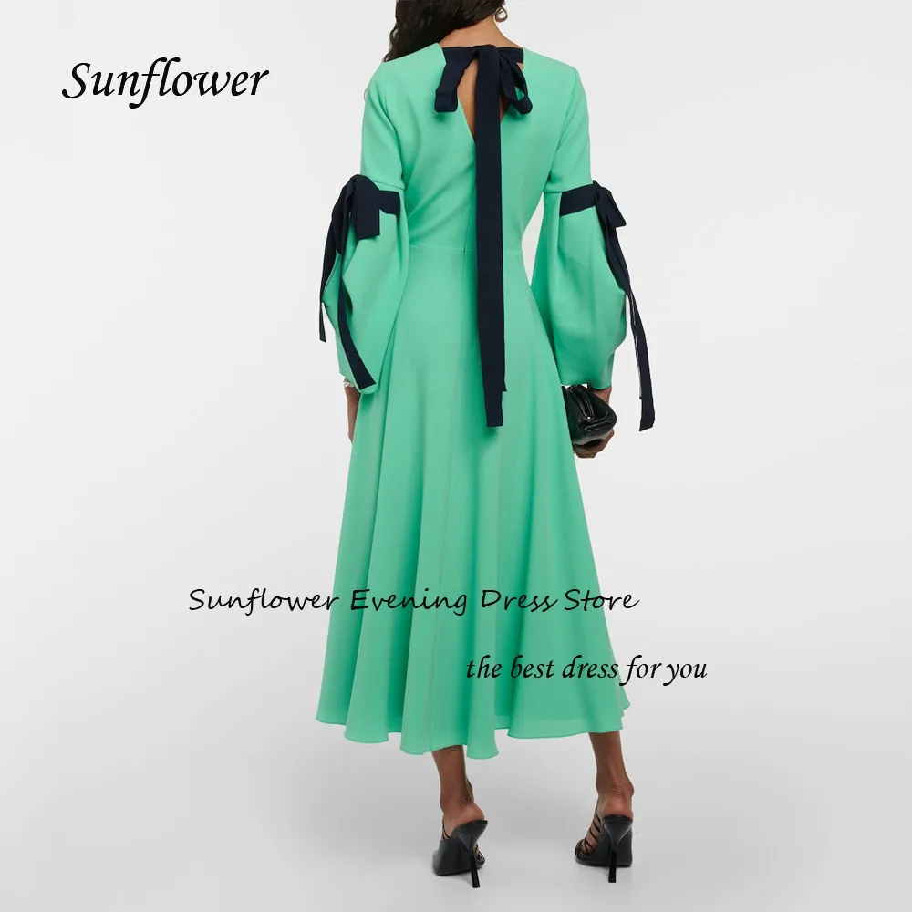 Sunflower Green O-Neck Crepe A-LINE Prom Gowns 2024 High Quality Slim Long Sleeve Ankle-Length Formal Evening Dress