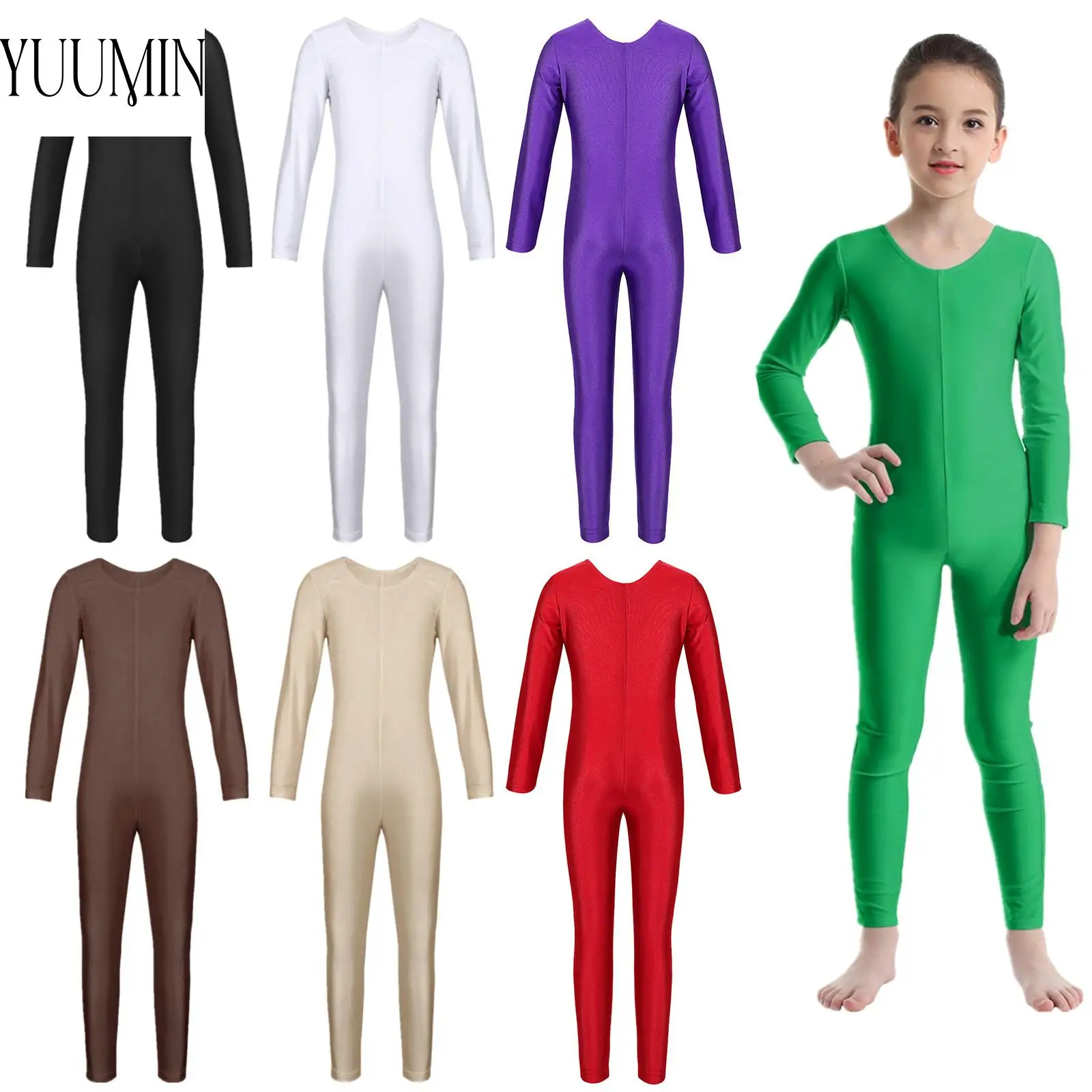 Kids Girls Long Sleeves Ballet Dance Costume Solid Color Bodysuit Gymnastics Leotard Jumpsuit Unitard Dancewear Catsuit Costume