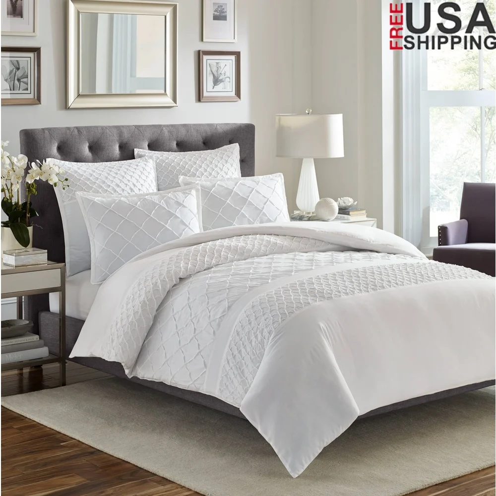 

Luxury King Duvet Set White Cotton Blend 3 Piece Bedding Soft Cozy Reversible Pin-Tucked Pleats Diamond Grid Design
