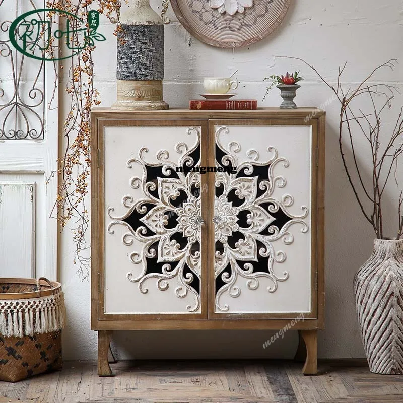 

Retro carved entrance shoe cabinet American country old relief decorative cabinet household corridor aisle cabinet