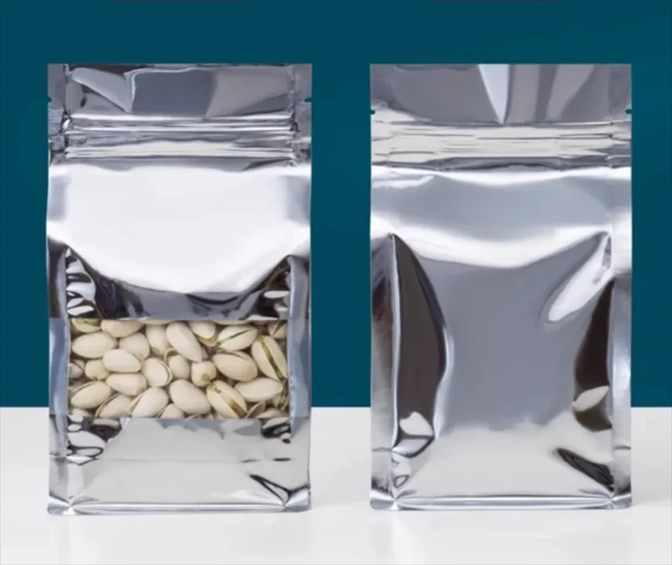 

50PCS 3D Glossy Aluminum Foil Bags with Clear Window, Stand Up Resealable Pouches for Coffee, Tea & Snacks Storage Pouches