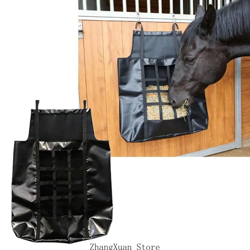 Hängende Pferdefuttertasche mit Frontöffnung, schwarze Tasche für Pferde, 23,6 x 28,0 Zoll Futteraufbewahrungstasche für Stall – Detail 10