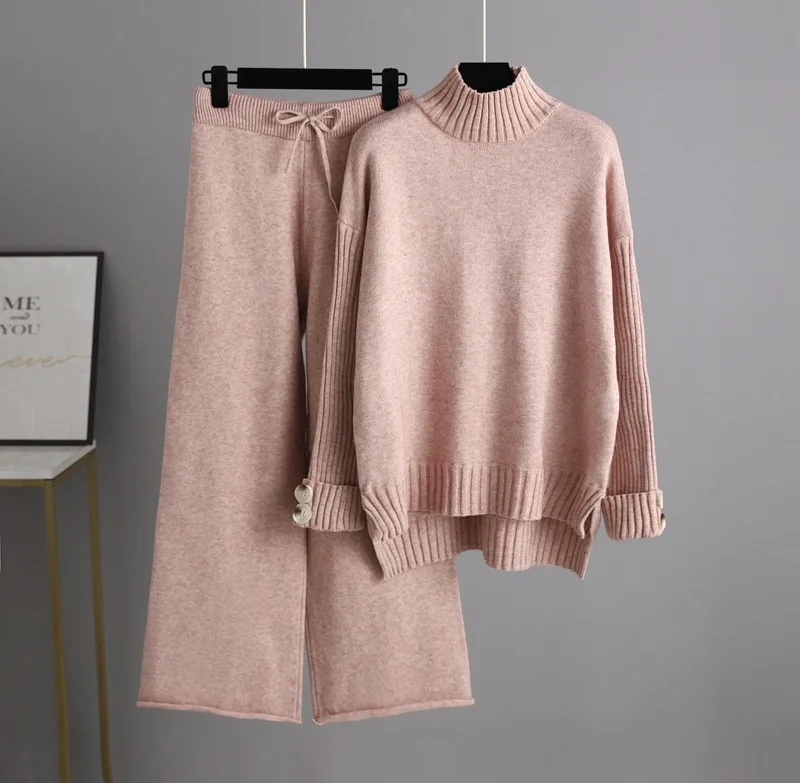 2023 Fashion Casual Knitted Sweater 2 Piece Set Women Autumn Winter Female Long Sleeve Sweater High Waisted Wide Leg Pants Set