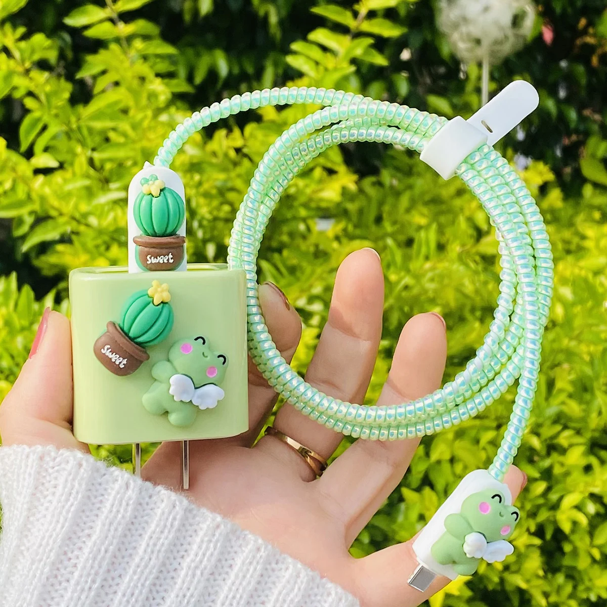 5pcs Fairy Ball Angel Frog Design Wall Charger Protective Case For 20w Charging Set And Arbitrary 55.12 Inch Long Data Cable
