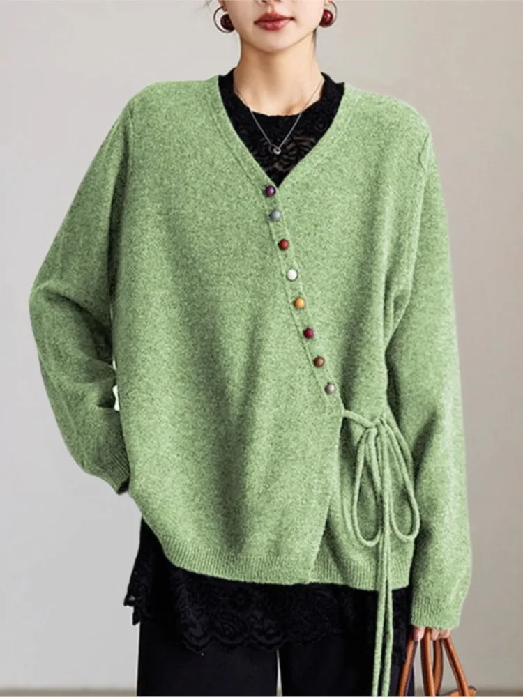 

2025 Knitted Cardigans All-match Loose Simple Style Sweater Winter Clothes Woman Pulls Femmes Solid Color Long Sleeves Leace-up