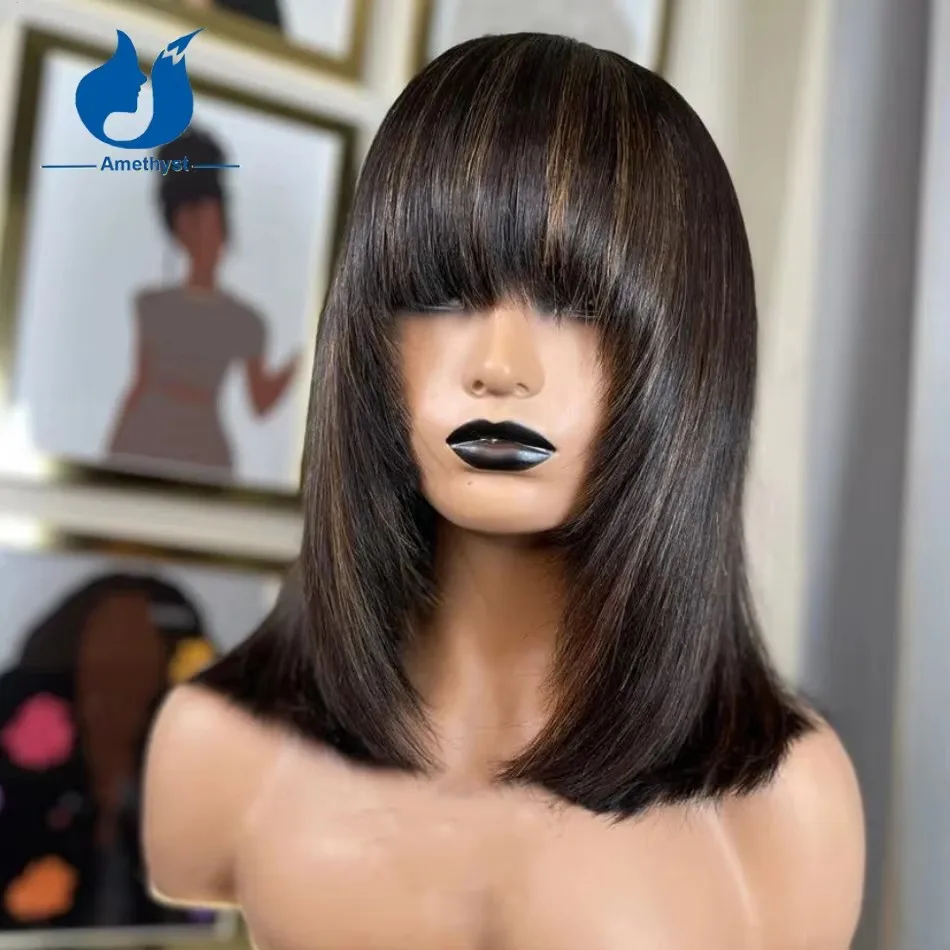 ALANDING YST-Perruque Bob Brésilienne Remy avec Frange, Cheveux Naturels à Reflets Blonds, Fait à la Machine, pour Femme