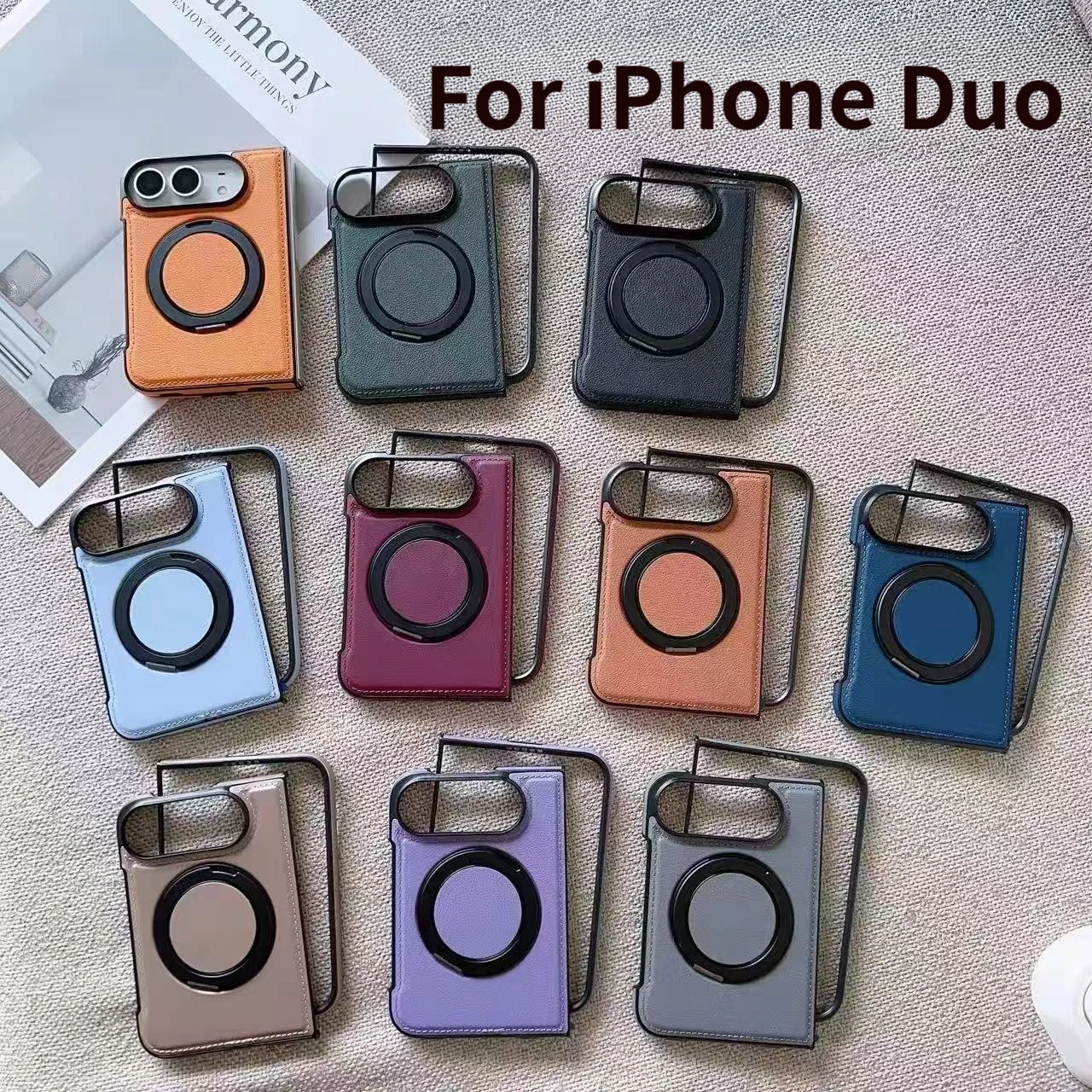 For iPhone Duo Magnetic Phone Case with 360° Rotating Ring Holder Hinge Protection For Magsafe Wireless Charging